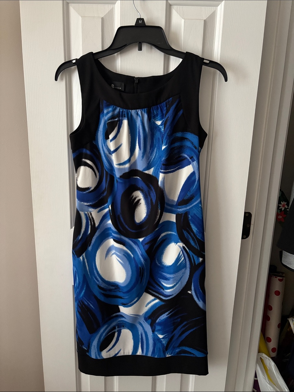 AB Studio Black Sleeveless Dress with Blue and White Abstract Swirls